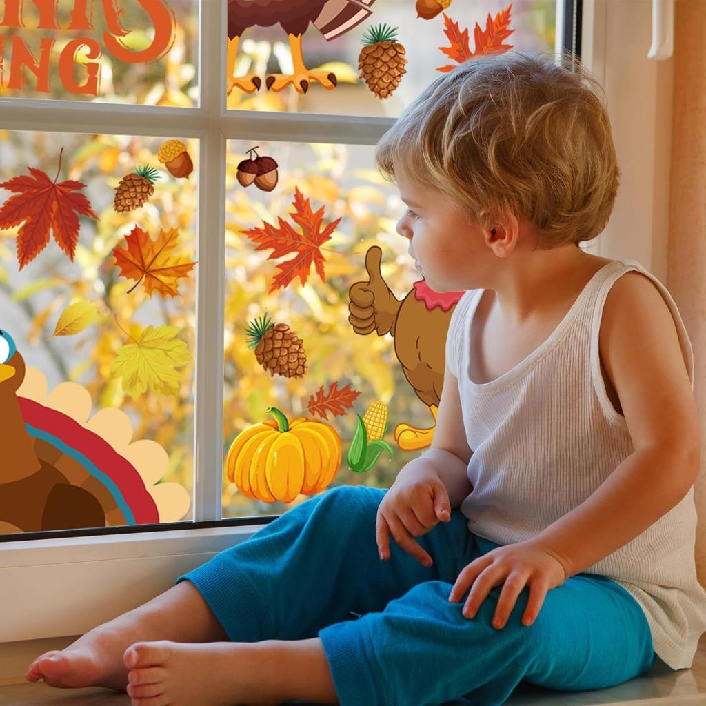 143 Pcs Thanksgiving Window Clings for Glass Windows Fall Window Stickers Seasonal Turkey Pumpkin Maple Leaf Decals Decorations for Thanksgiving