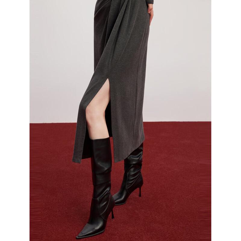 ELLE Elegante Abito Midi a Maniche Lunghe con Scollo Drappeggiato