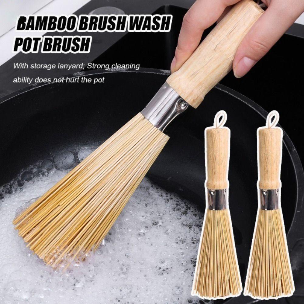 

Long Handle Pot Brush with Lanyard Bamboo Brush New Kitchen Cleaning Tool