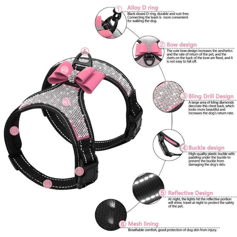 Bling Rhinestone Dog Harness Reflective Small Dog Harness With Cute Bowknot Mesh Nylon Puppy Cat Vest Adjustable For Dogs Pug