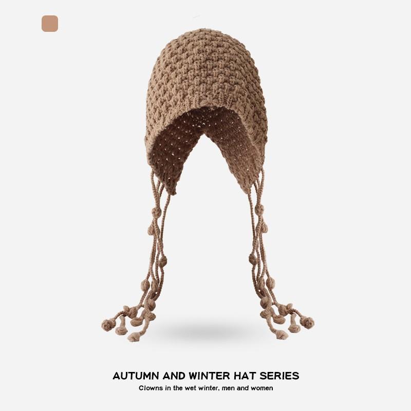 Autumn and Winter Warm Wool Hat, Hand-woven Hollow Bald Hat, Women's Fringed Ear Protector, Sleeves, Knitted Hat