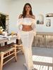 Sexy Knit One-neck Long Sleeve Short Top Drawstring Half Skirt Beach Two-piece 2025 Women Summer Swimsuit Cover Up Chic Set K172