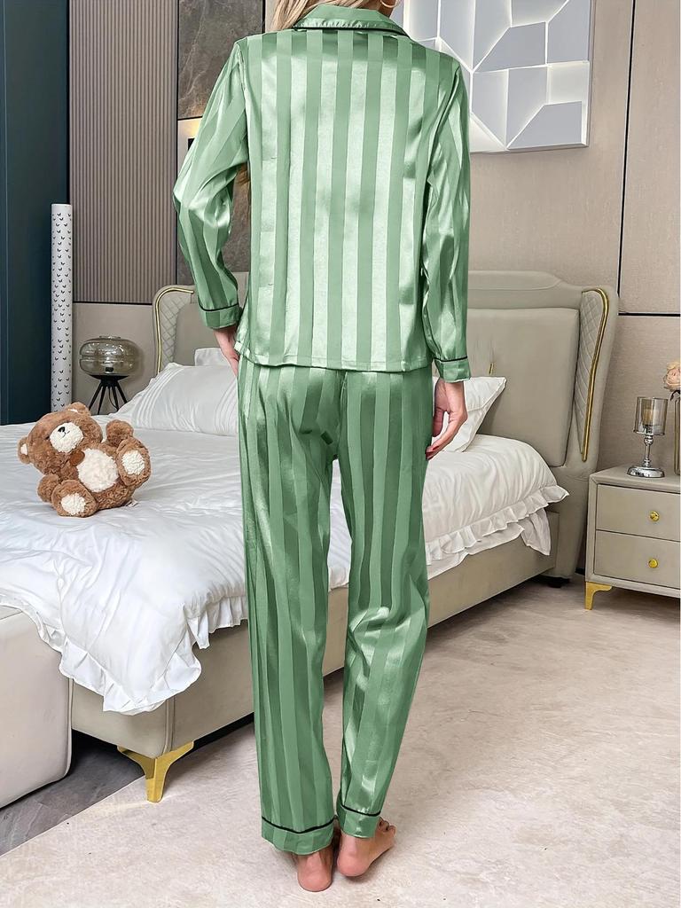 Europejski i Amerykański Styl Damski Pasiasty Zestaw Piżamowy - Kardigan z Klapami, Luźny Krój, Casualowy Dwuczęściowy Strój Domowy (Wydanie 2025)