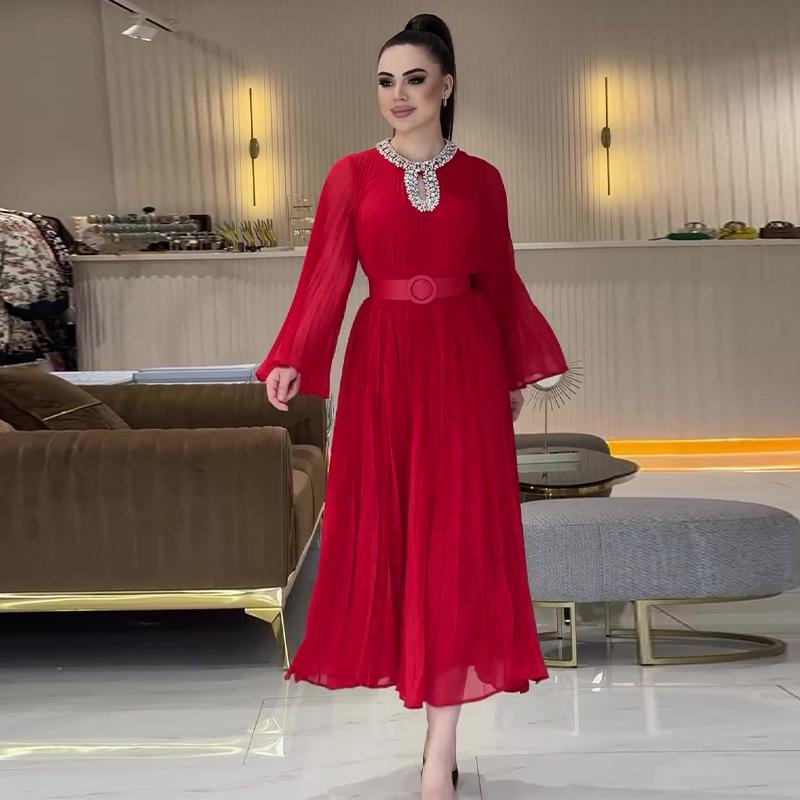 

2024 Осеннее Красное Длинное Платье для Похудения, Украшенное Стразами XXXL красный