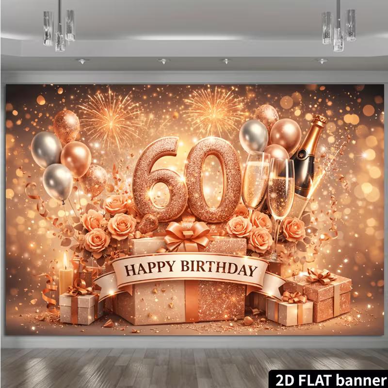Sfondo 2D Oro Rosa 60° Compleanno Numero 60 Scintillante Banner Fotografico