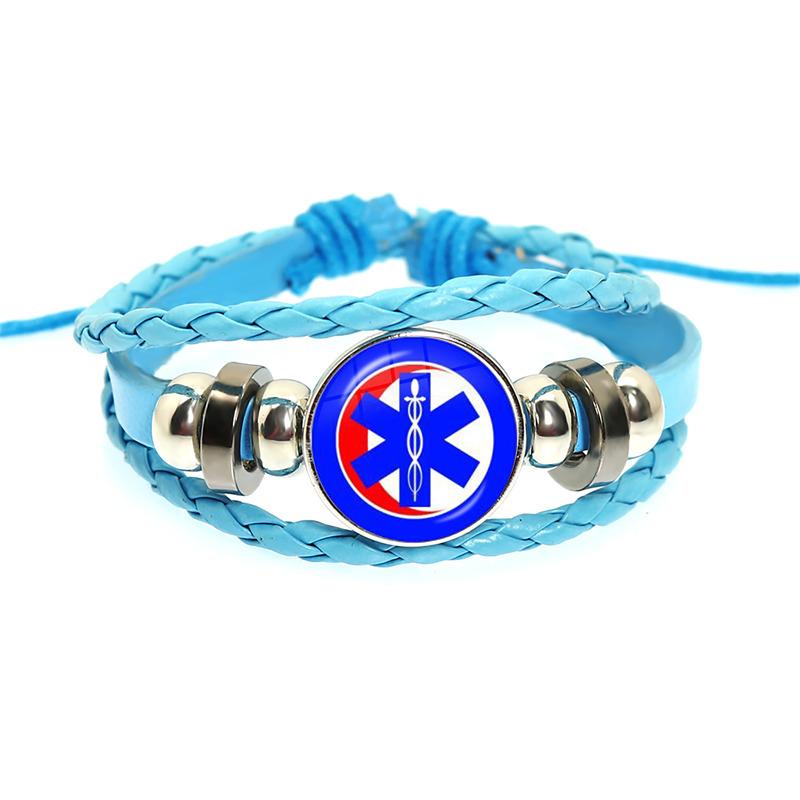 Emergency Medical Technician Paramedic Symbol Logo Black Button Leather Bracelet Glass Dome Blue Star of Life Logo Jewelry
