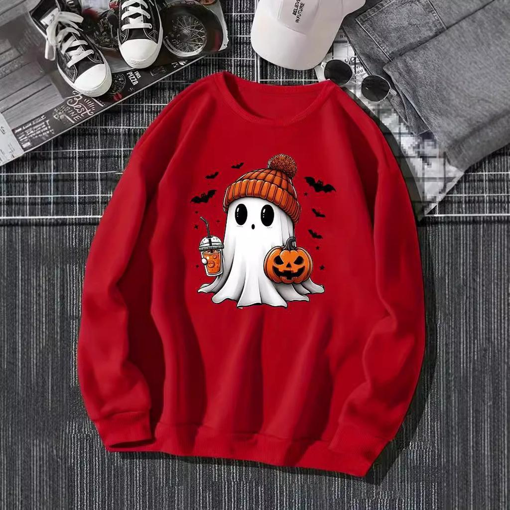 New 2025 European and American Halloween cute ghost print versatile crew neck casual long-sleeved sweater