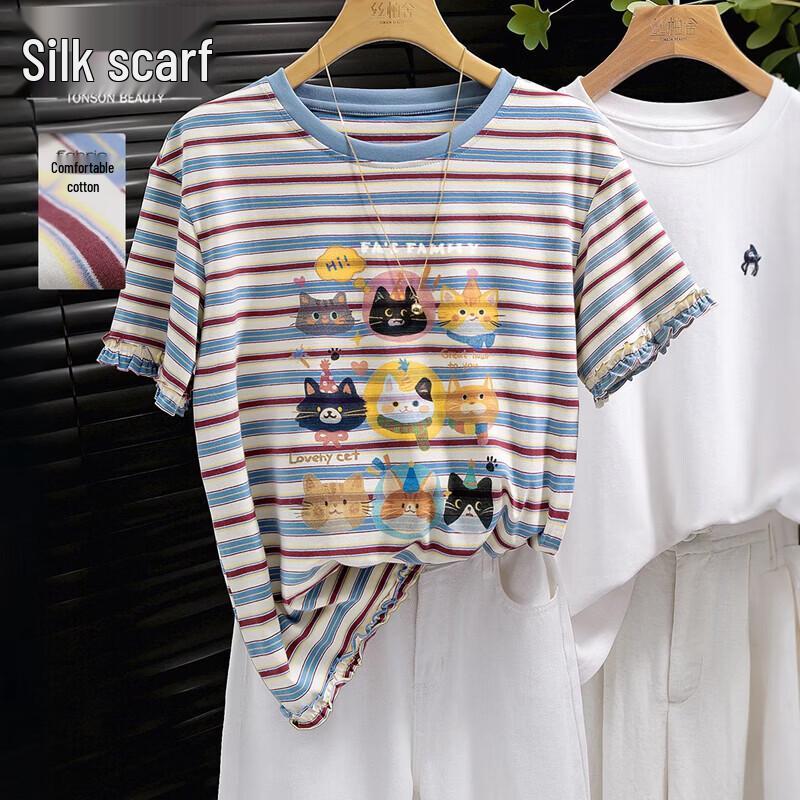 Women s Striped Cartoon Print Short Sleeve T-Shirt S
