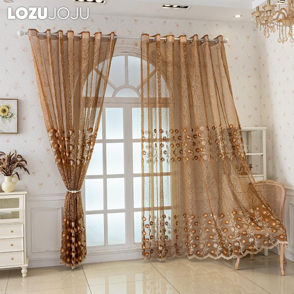 1 Stück LOZUJOJU Ländliche Blumenstickerei Transparente Vorhänge, Wellen-Spitzen-Netz-Fenstervorhänge für Wohnzimmer Schlafzimmer Balkonfenster Heimdekoration