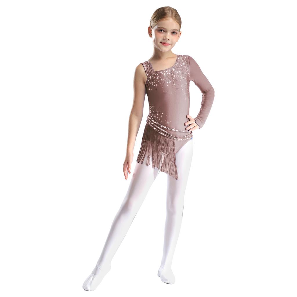 Girls Sparkling Rhinestones Fringe Leotard Irregular Tassel Bodysuit Figure Skating Dance Performance