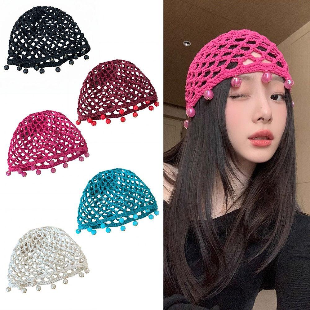 Pearl Fringed Crochet Hat Hollowed Out Woven Hat Casual Beret Cap  Bride Headpiece