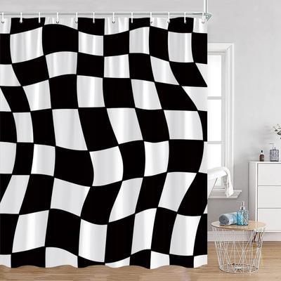 Farebná šachovnicová sprchová závesa Čierne biele bloky Skreslená šachovnica Kúpeľňová závesa Moderné abstraktné kúpeľňové dekorácie