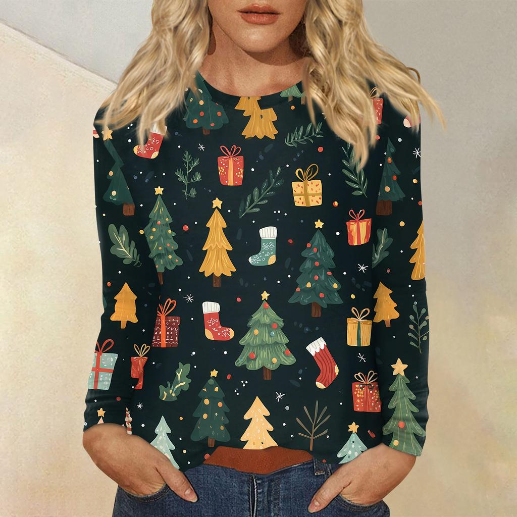 Women's Fashion Casual Christmas Printed Round Neck Long Sleeve Pullover Top