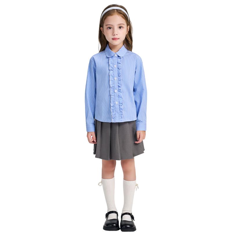 Luo Meng Girls Korean Style Striped Ruffled Collar Shirt 140