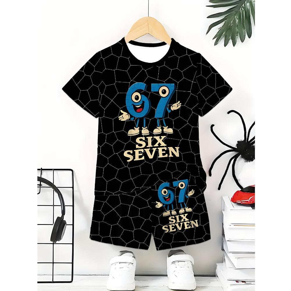 Boys fashionable 3D printed casual pullover short sleeved shorts sportswear, outdoor T-shirt shorts set 5-6Y