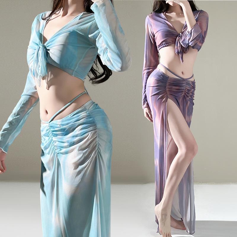 Zixuan Changqing Elegant Slim Tulle Long Skirt Swimsuit Set with Sleeves for Women