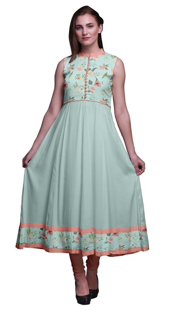 Bimba Blue Damask Indian Kurtis For Women Solid Readymade Anarkali Dress Printed Indian Kurti
