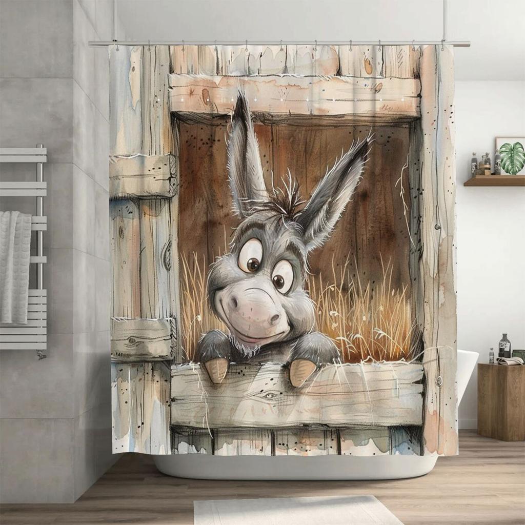 Cute Donkey in Barn Waterproof Shower Curtain Heat Resistant Machine Washable Non-Transparent 180x180cm