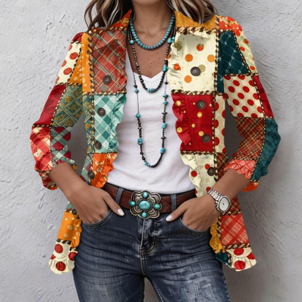 Women's Fashion Puzzle Print Long Sleeve Ruffle Button-Down Shirt Jacket for Casual Wear