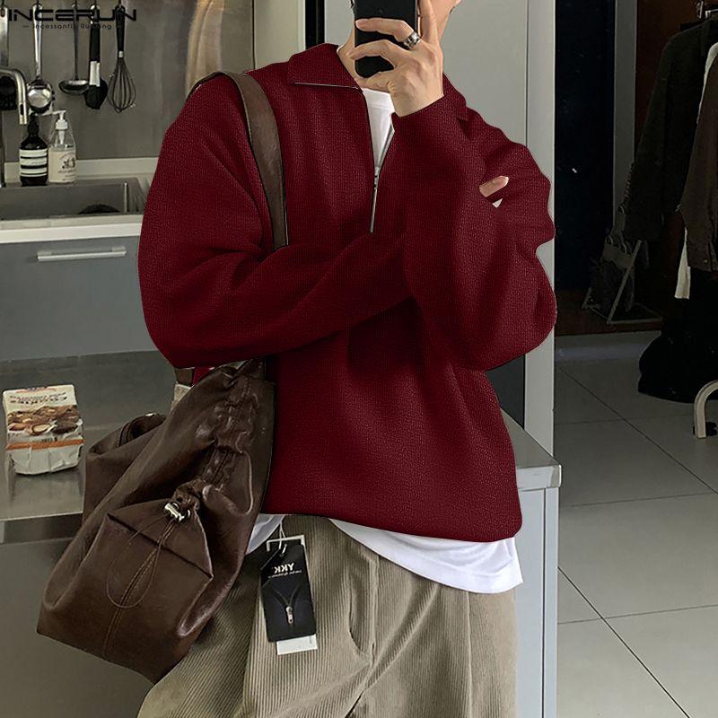 INCERUN Spring Men Stand Neck Long Sleeve Zip-up Texture Rib Knitted Pullovers Tops