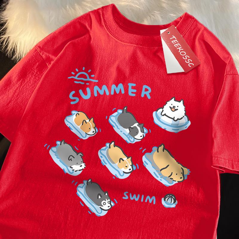 Fun Cat And Dog Swimming Japanese Style T-Shirt Female Casual Loose T-Shirts Summer Tops Fashion Breathable Tee Clothing