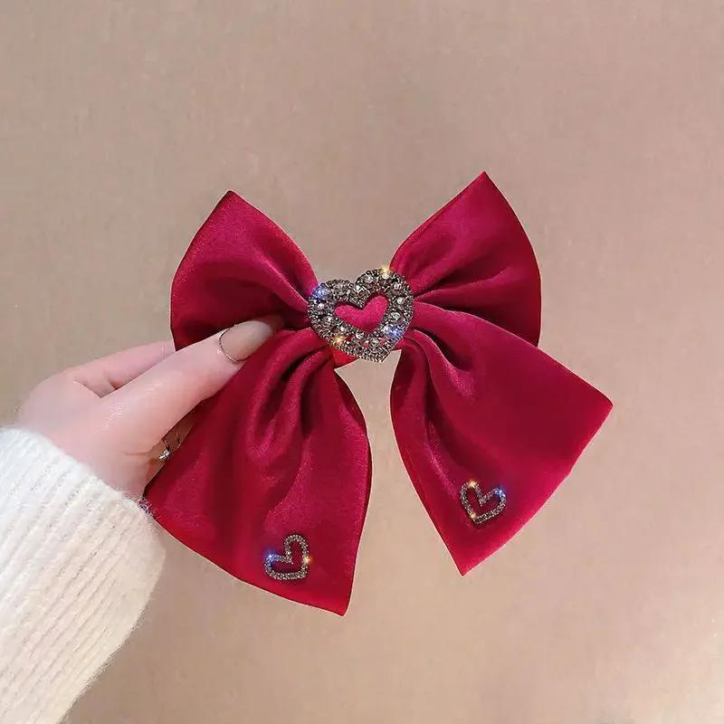 New Fabric Bow Hair Clips Crystal Heart-shaped Spring Clip Hairpins for Women Barrettes Korean Headpiece Girls Hair Accessories