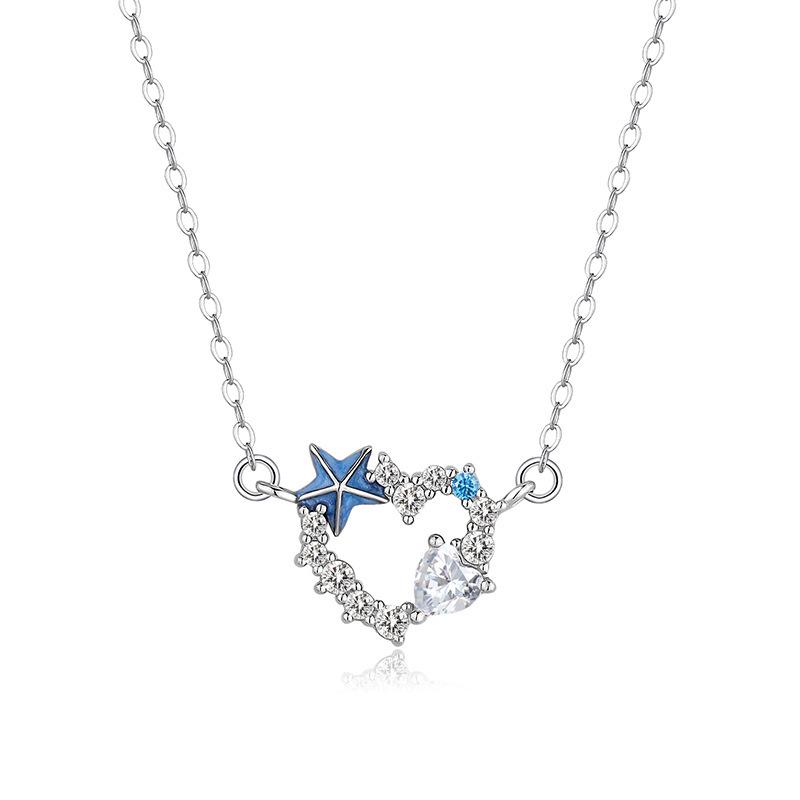 Sterling Silver Star & Heart Necklace for Women - Elegant Design Clavicle Chain Jewelry Pure Silver