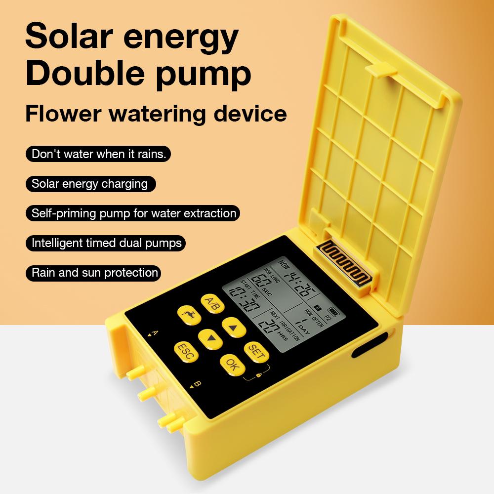 Solar Power Irrigation Water Timer Double Pump Timers Automatic Drip Irrigation System Kit Rain Sensor Flower Watering Device
