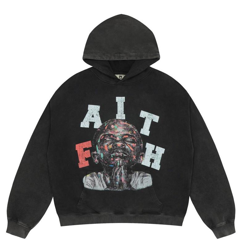 Mens Vintage Washed Hoodie With Distressed Graphic Print Loose Fit Cotton Pullover Fall Casual Wear