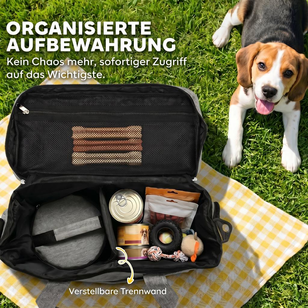 Hunde-Reisebeutel, Wasserdichter Spazierbeutel mit mehreren Taschen, zwei Futterbehältern und faltbarer Schüssel für Katze Welpen