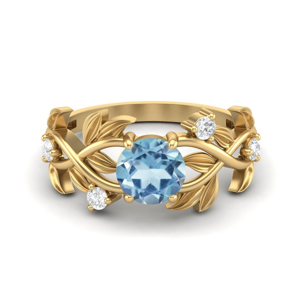 6MM Round Blue Topaz Gemstone 925 Sterling Silver Gold Plated Solitaire Ring
