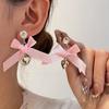Pink Ribbon Bow Rhinestone Tassel Earrings Sweet Drop Jewelry for Women