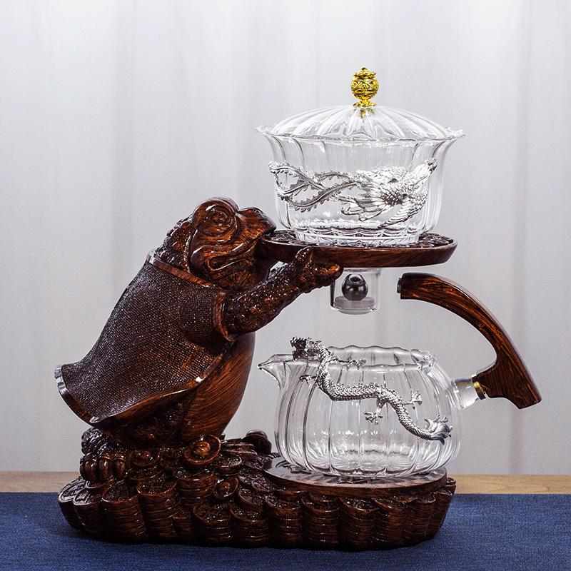 Kreativní konvička ve tvaru čajové žáby Automatický čajovar Konvička a šálek na čaj Pu'er Oolong Žáruvzdorná skleněná konvička Podstavec