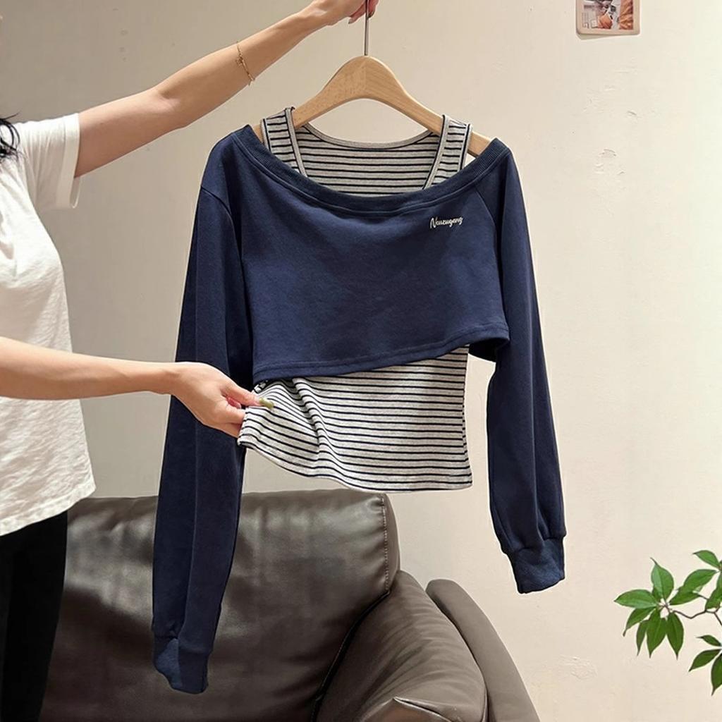 Herbst Schulterfrei Langarm Gestreiftes Sweatshirt Damen Design Passende Weste