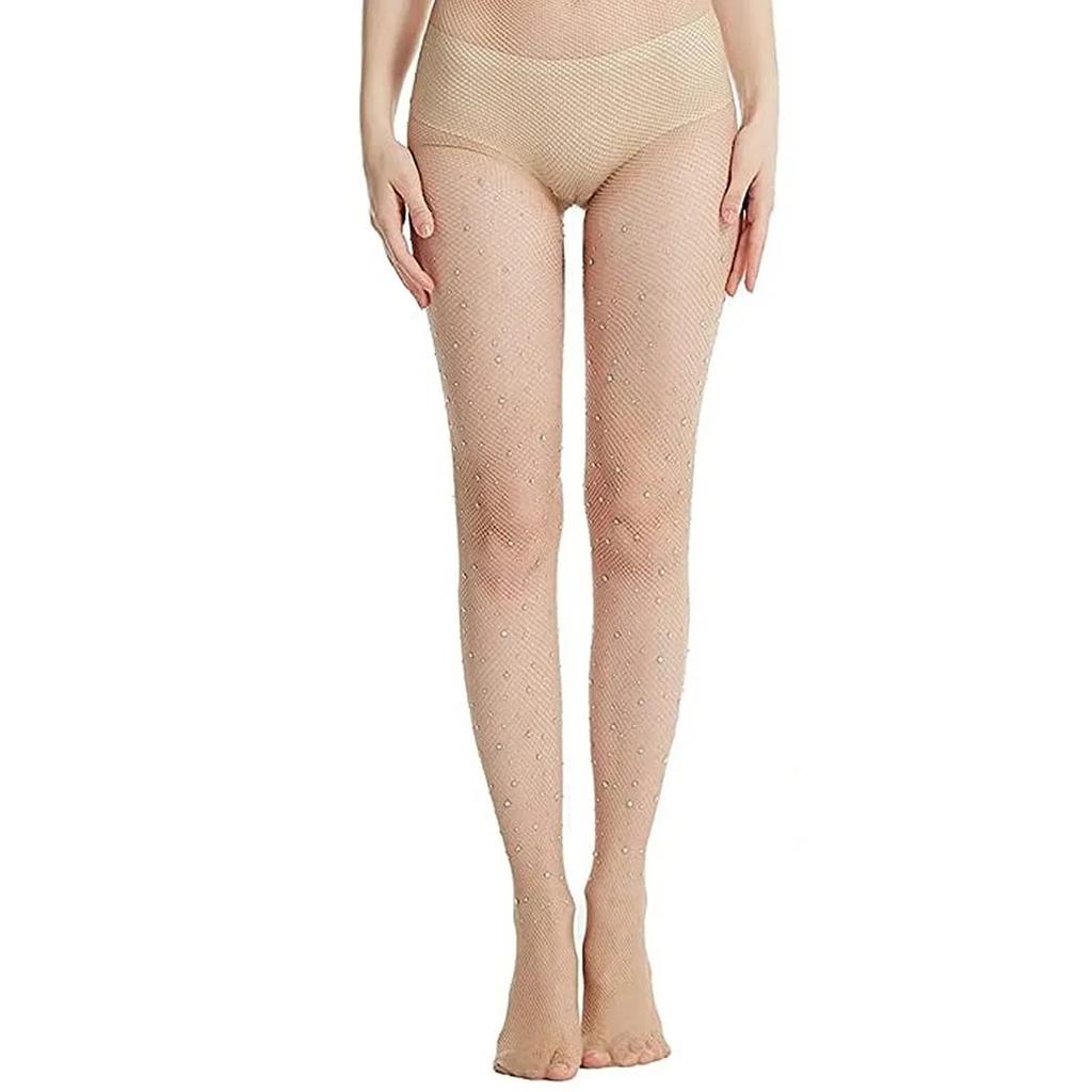 Meias de Rede Femininas Brilhantes Fashion Elegantes Elásticas Strass Malha Calças Justas para Festa de Feriado Cor da Pele Tamanho Único