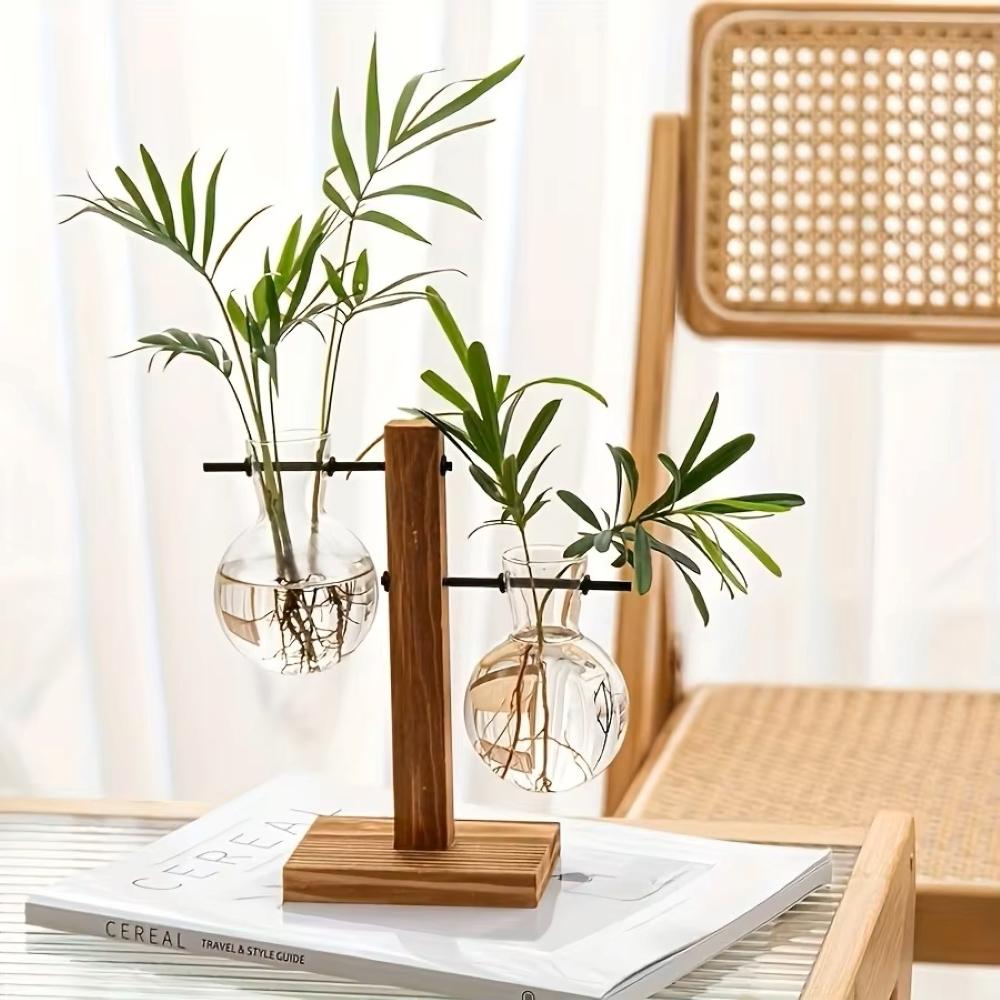 Glass Vase Hydroponic Plant Container Desktop Planter Wooden Vase Stand Bulb Water Planting Propagation Flower Vase Planters