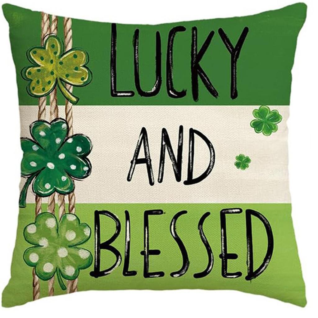 St. Patrick's Day Pillow Cover Line Printed Pillow Cover Green Four-leaf Crocodile Cushion Cover