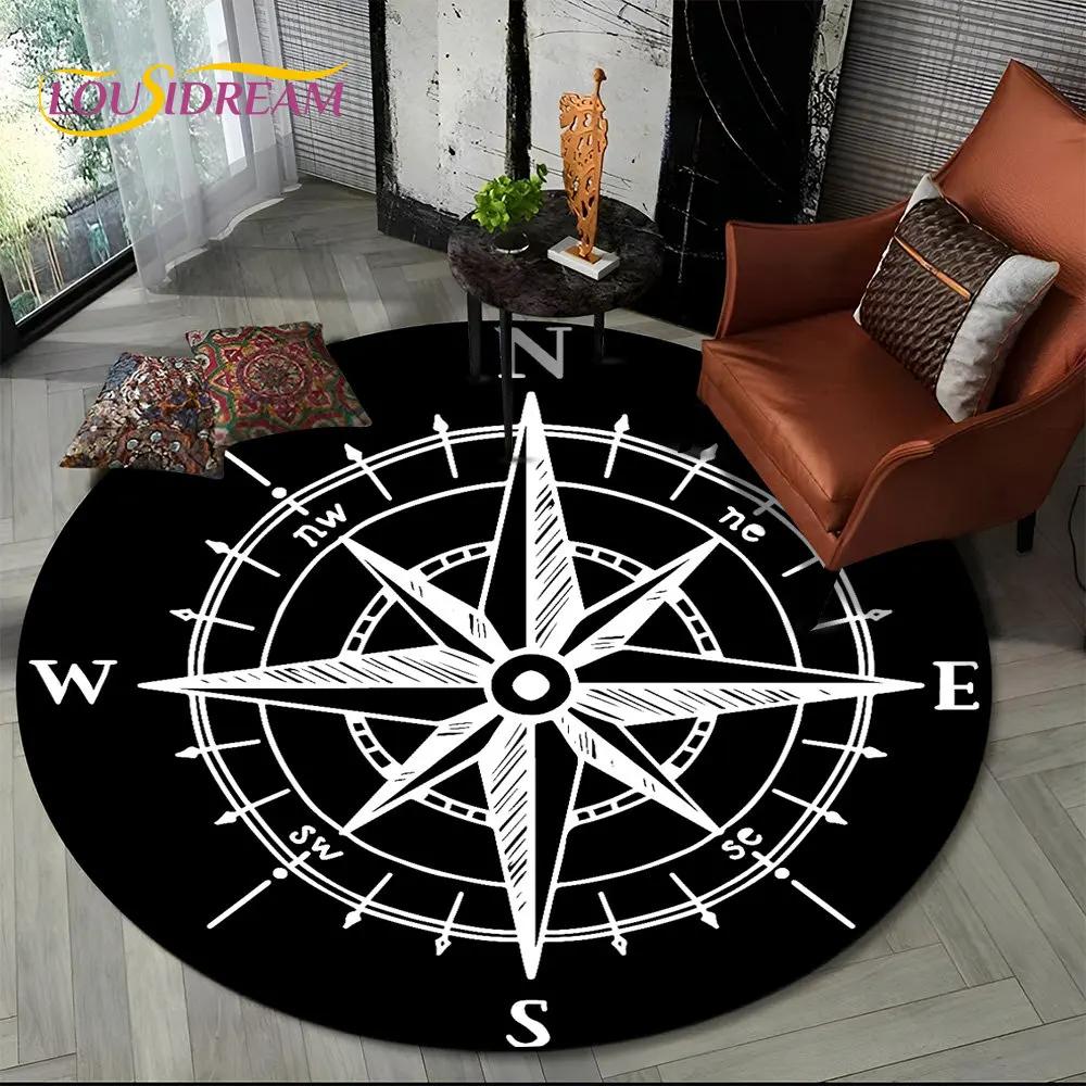 3D Retro Kompass Serie Kreis Teppich,Runder Teppich für Wohnzimmer Schlafzimmer Sofa Fußmatte Dekor Rutschfeste Bodenmatte Geschenk