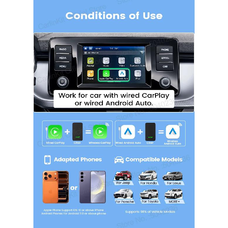 CarlinKit 5.0 C2Air Wireless Adapter Wireless CarPlay Android Auto Plug &Play 2.4Ghz&5.8Ghz WiFi BT Auto Connection For OEM Cars