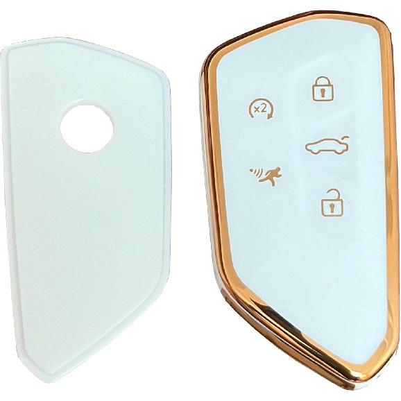For VW Volkswagen Key Fob Cover Key Fob Shell With KeyChain Fit For VW ID4 ID3 MK8 Golf GTI Skoda Octavia Smart Key (Gold-White)