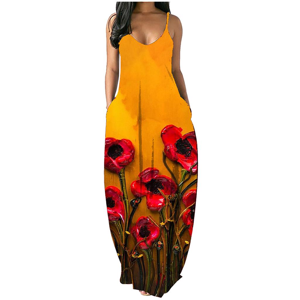 Women Summer  Sunflower Print Sleeveless Plus Size Pullover Long Dresses