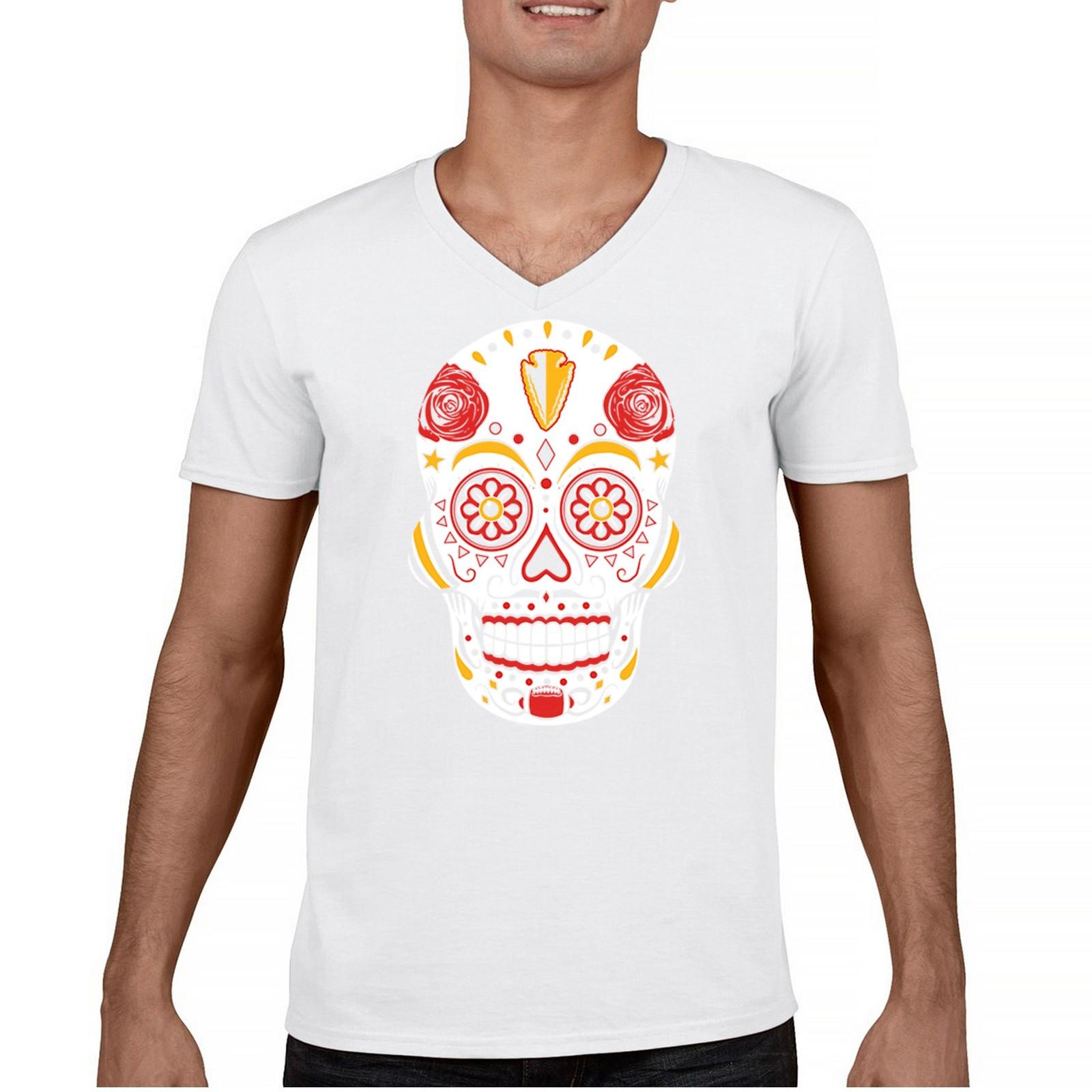 Kansas City Sugar Skull Men s V-Neck T-shirt Die-Hard Football Fan Tailgating S