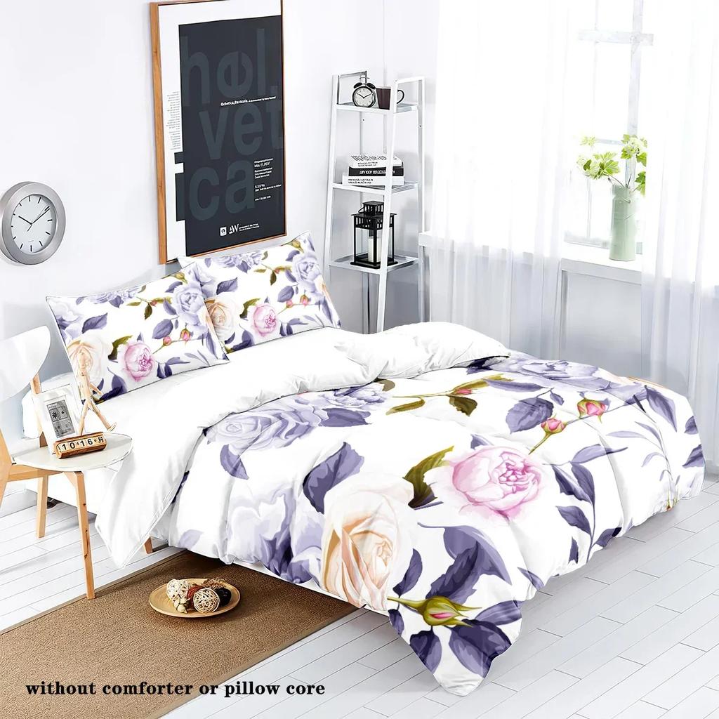 Copripiumino in piuma con stampa floreale rosa naturale, 3 pezzi (1 copripiumino+2 federe, senza imbottitura) set biancheria da letto