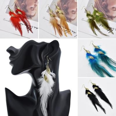 1 Paar Haken-Ohrringe, Retro-Blatt, lange Quasten, Bohemian-Stil, hypoallergen, eleganter Feder-Tropfen