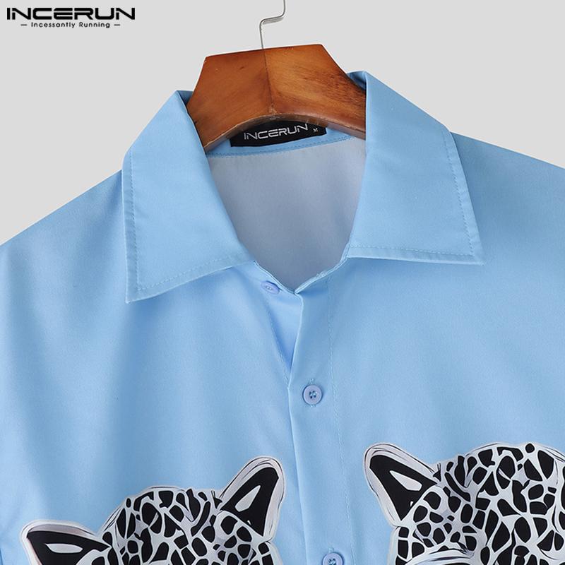 INCERUN Oversized Men Lapel Neck Button Down Print Casual Shirts