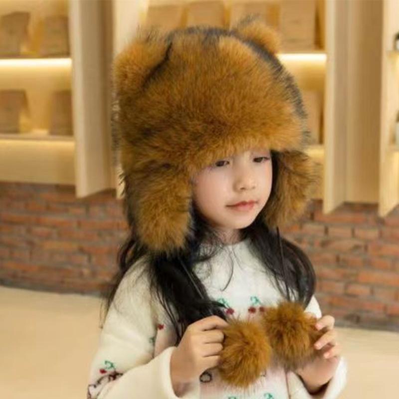 Furry Cartoon Raccoon Hat with Earflap Tail for Halloween Headwear Long Haired Hat Oversized Headgear Hat for Winter