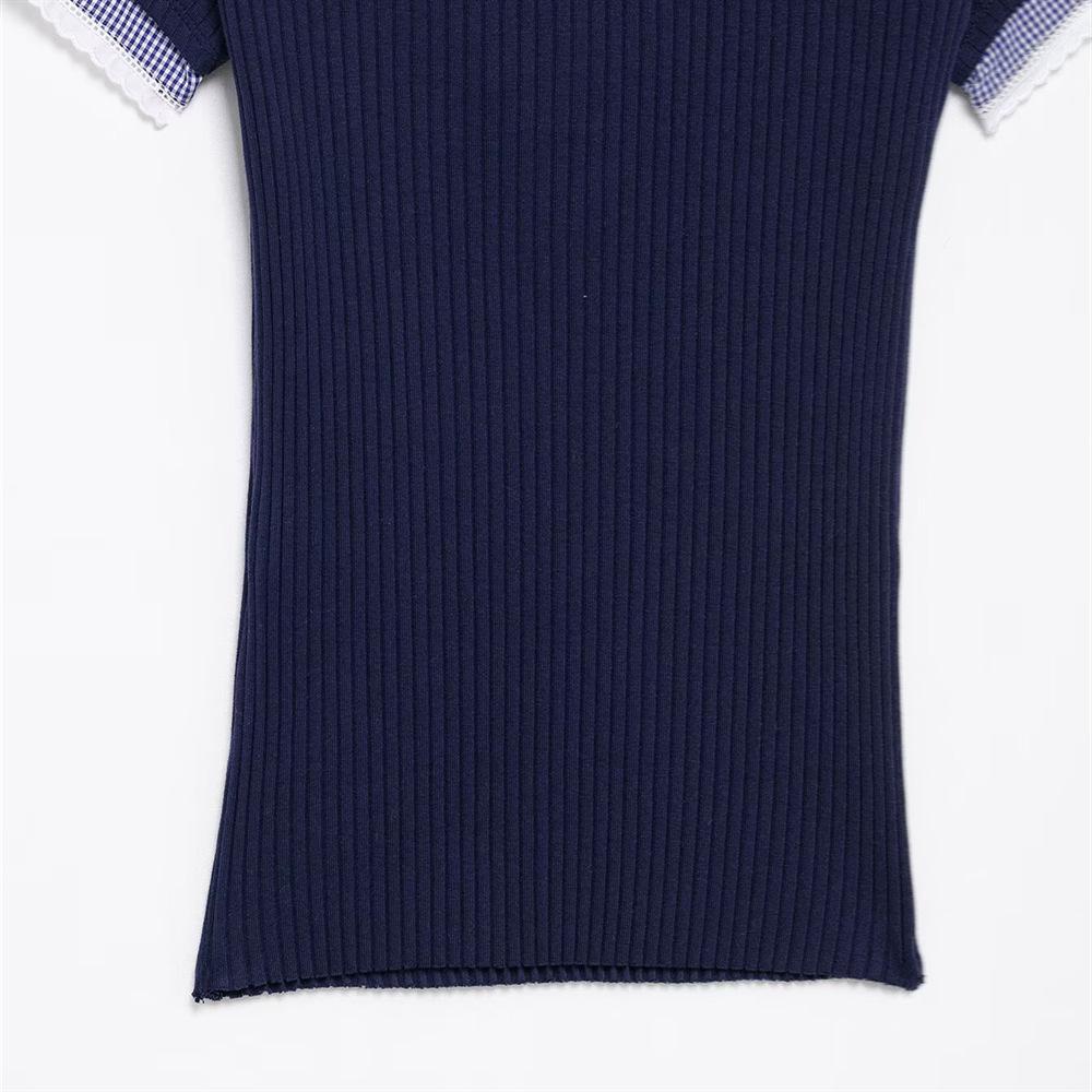 2025 Women's Slim Fit Patchwork Turn-Down Collar Short-Sleeve T-Shirt