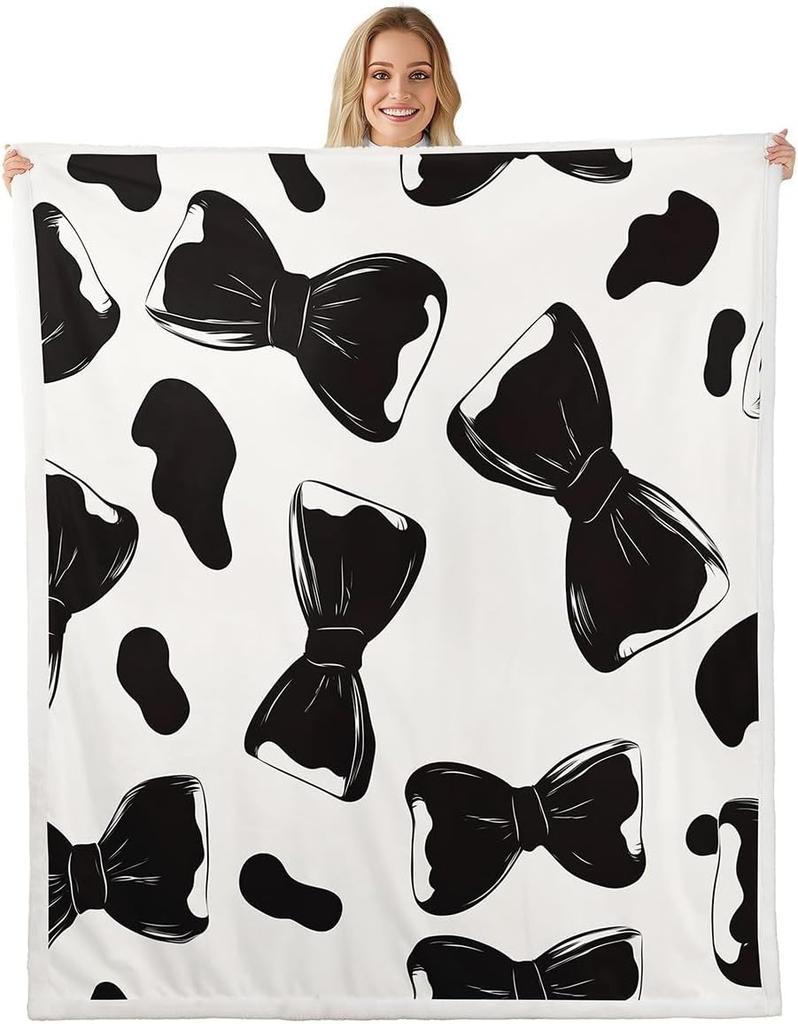 Blue Bow Pattern Blanket Soft Fleece Throw Elegant Home Decor Gift for Women Girls Bedroom Bedding Cover
