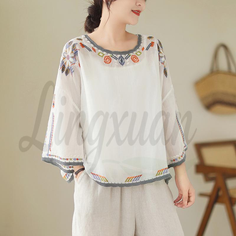 Elegant Ethnic Embroidery Plus Size Summer T-shirt Top XL белый