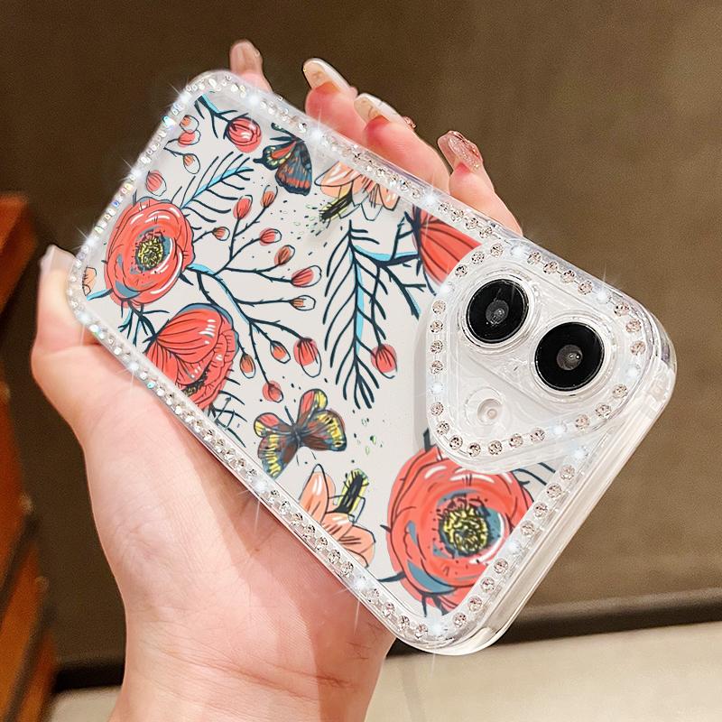 Diamond Frame Clear Anti-Fall Phone Case For iPhone 16E 16 Pro 15 Pro Max 14 13 12 11 Floral Print Soft Silicone Shockproof Bumper Cover